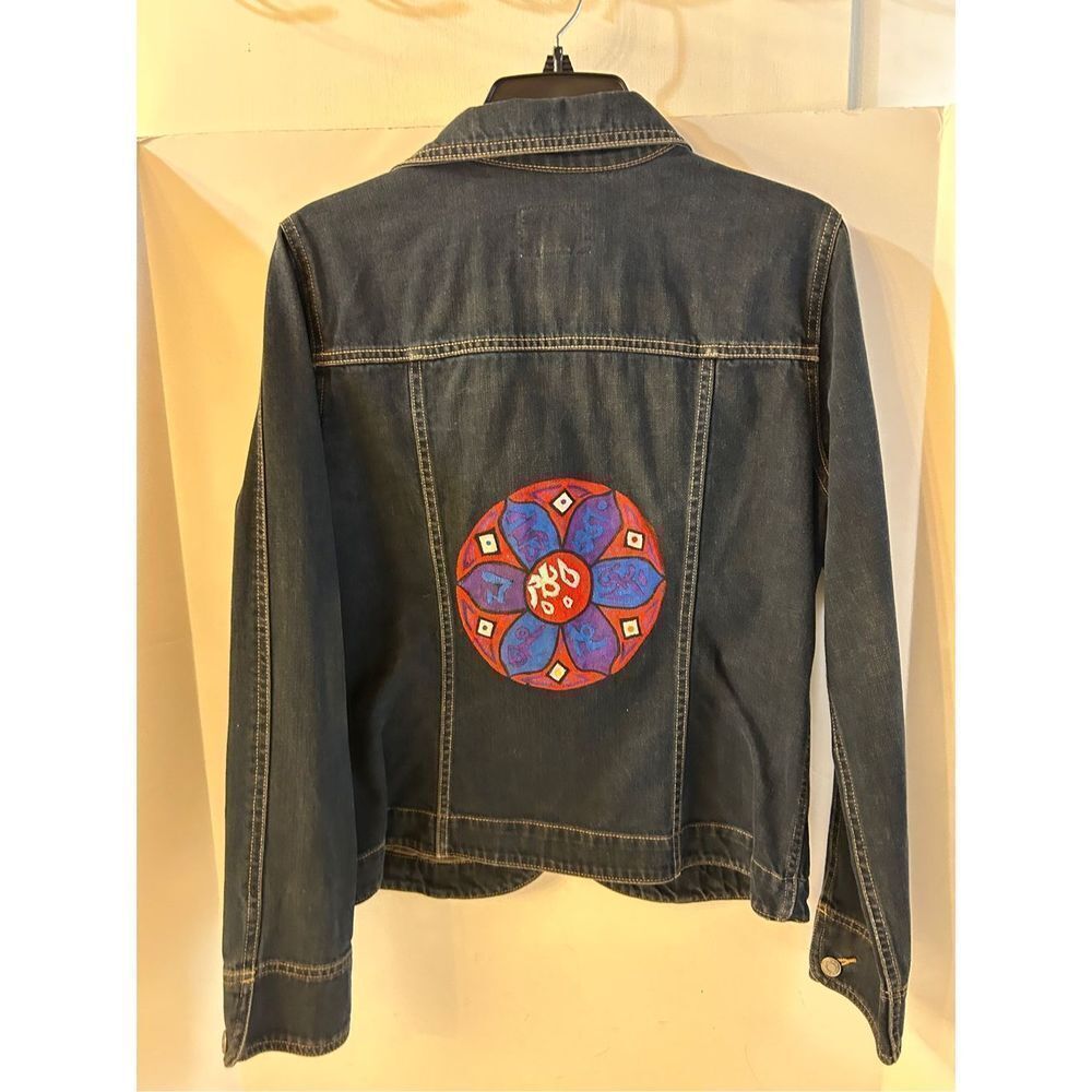 Old navy jean denim jacket womens large‎ hand painted Asian symbol rn#54023 - Picture 2 of 6